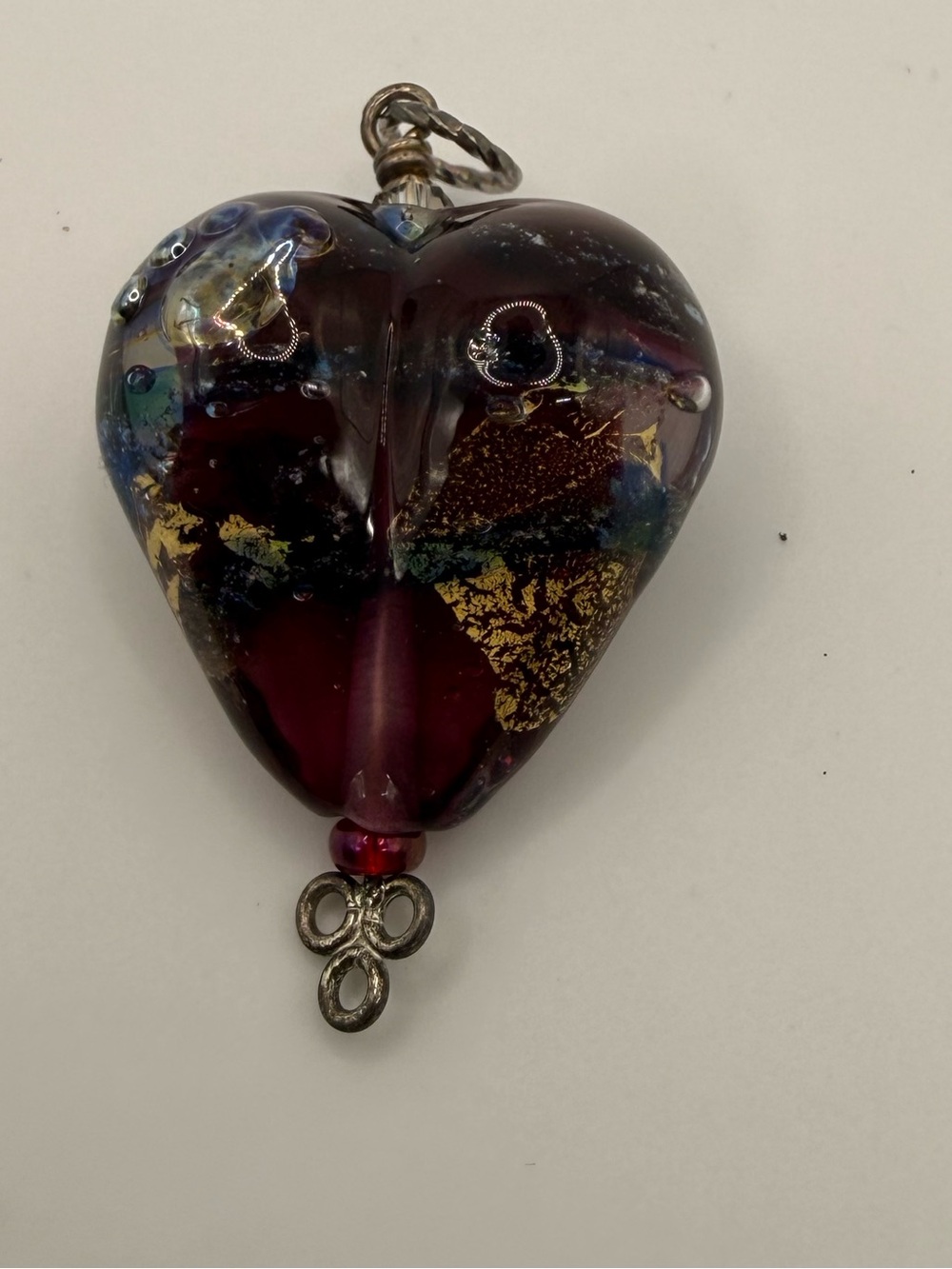 Handmade Lampwork Glass Heart Pendant Purple Gold Foil Artisan